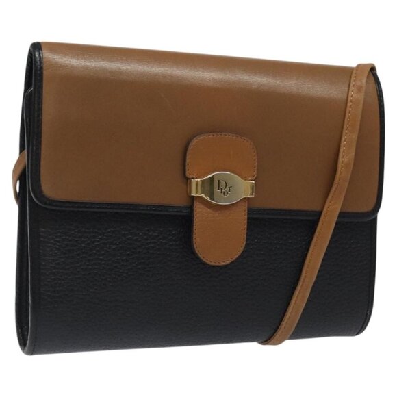Authentic Christian Dior Shoulder Bag Leather Black Brown gold
